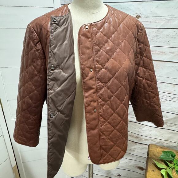 Brunello Cucinelli Cropped Quilted Pelle Leather Puffer Coat Jacket Brown Sz 46 - Picture 9 of 15